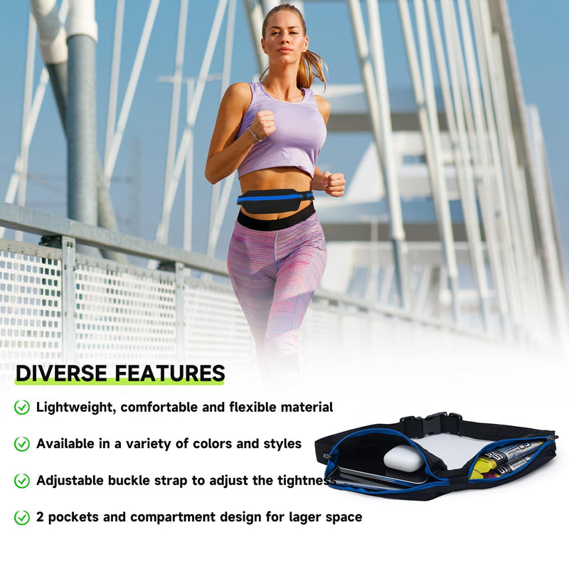 Santic Fanny Packs Running Waist Pack Belt Bag with 2 Zipper Pockets for Jogging Hiking Cycling Workout Black Blue
