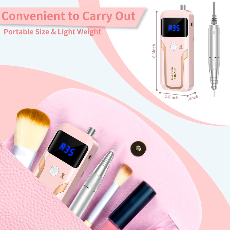 MOCOWIND Portable Nail Drill Professional 35000 RPM, Rechargeable Electric Nail File Machine Cordless E-File for Acrylic Gel Polishing Removing with Bits Kit for Manicure Salon Home, Pink - BeesActive Australia