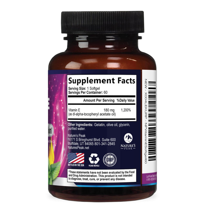 Vitamin E 180 mg Per Serving Softgels - E Vitamin DL-Alpha, Antioxidant-Rich Dietary Supplement for Skin, Heart, and Immune Support, Bottled USA, Easily Absorbed, Non-GMO & Gluten Free - 60 Softgels 60 Count (Pack of 1)