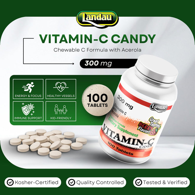 LANDAU 300mg Chewable Vitamin C Candy for Kids & Adults – Easy-to-Take Vitamin C Supplement with Acerola – Kosher & Made in The USA – Great Tasting Berry Flavor, (100 Count) 100 Count (Pack of 1)