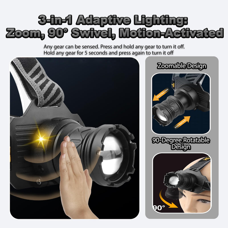 LED Headlamp Rechargeable，3200 High Lumens Head Lamp, Forehead Light Zoomable, Motion Sensor & IPX4 Waterproof & Battery Level Display, 90° Adjustable Headlight for Outdoor Camping,Cycling,Hiking A3