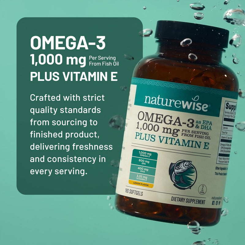 NatureWise Extra-Strength Omega 3 Fish Oil Supplement - 1000mg per Serving - 600 EPA & 400 DHA and Vitamin E - Sustainably Sourced Fish Oil - Lemon Flavor, GMO-Free - 180 Softgels[3-Month Supply] 180 Count (Pack of 1)