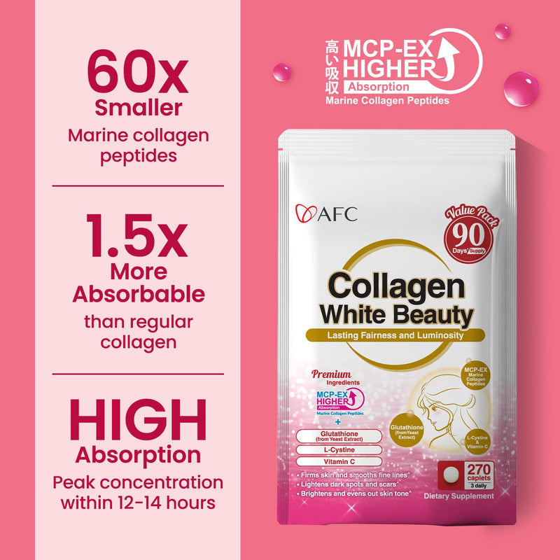 AFC Japan Collagen White Beauty Glutathione - Firm & Radiant Skin 270s | 90 days' supply, marine collagen with glutathione, 1.5x better absorption than regular collagen, Skin firmness & radiance