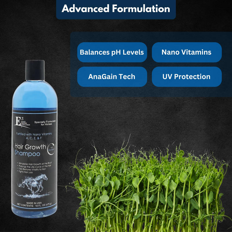 E3 Hair Growth Shampoo with AnaGain (Pea Sprouts), 16oz - Promotes Fuller, Thicker Mane and Tail, Nourishes and Strengthens Hair, Natural Ingredients (Human Grade Ingredients) - BeesActive Australia
