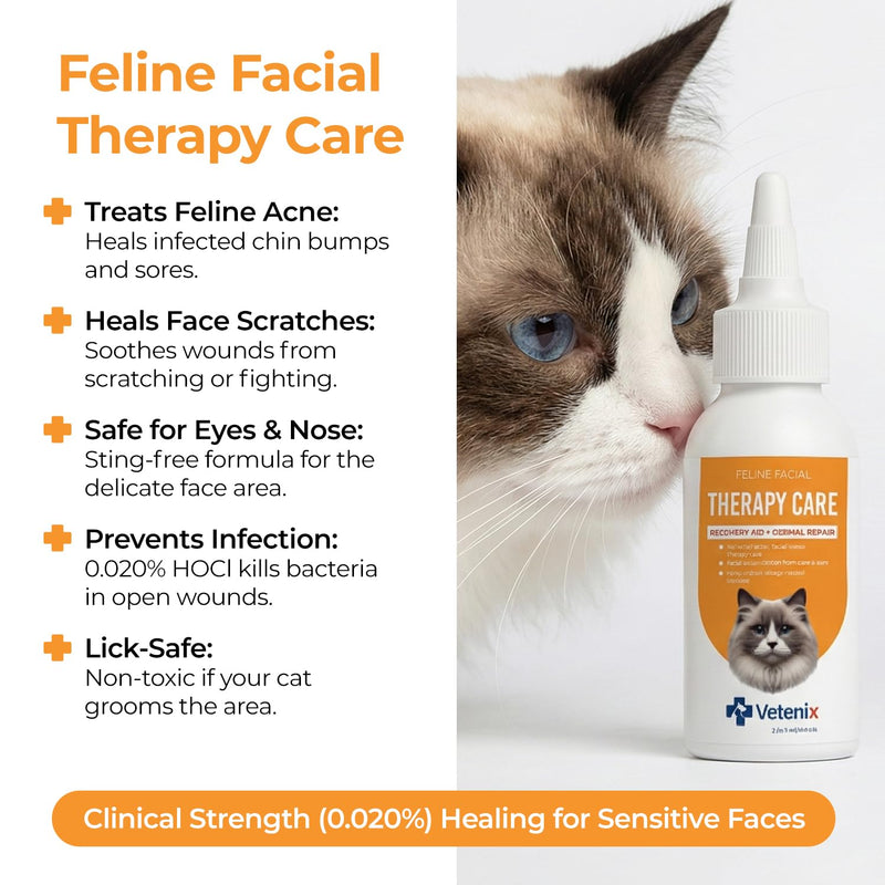 Feline Facial Therapy Solution Healing Aid & Skin Repair for Cat Acne, Eye & Ear Irritations, Chin Sores, Redness & Allergies | Gentle Non-Toxic HOCl Drops | 3.38 fl oz
