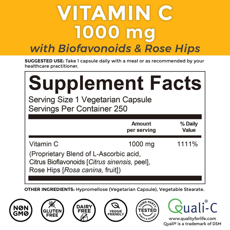 Viva Naturals Vitamin C, 1000 mg, 250 Vegetarian Capsules – with Citrus Bioflavonoids & Rose HIPS, Non-GMO for Immune Support & Antioxidant Protection 250 Count (Pack of 1)