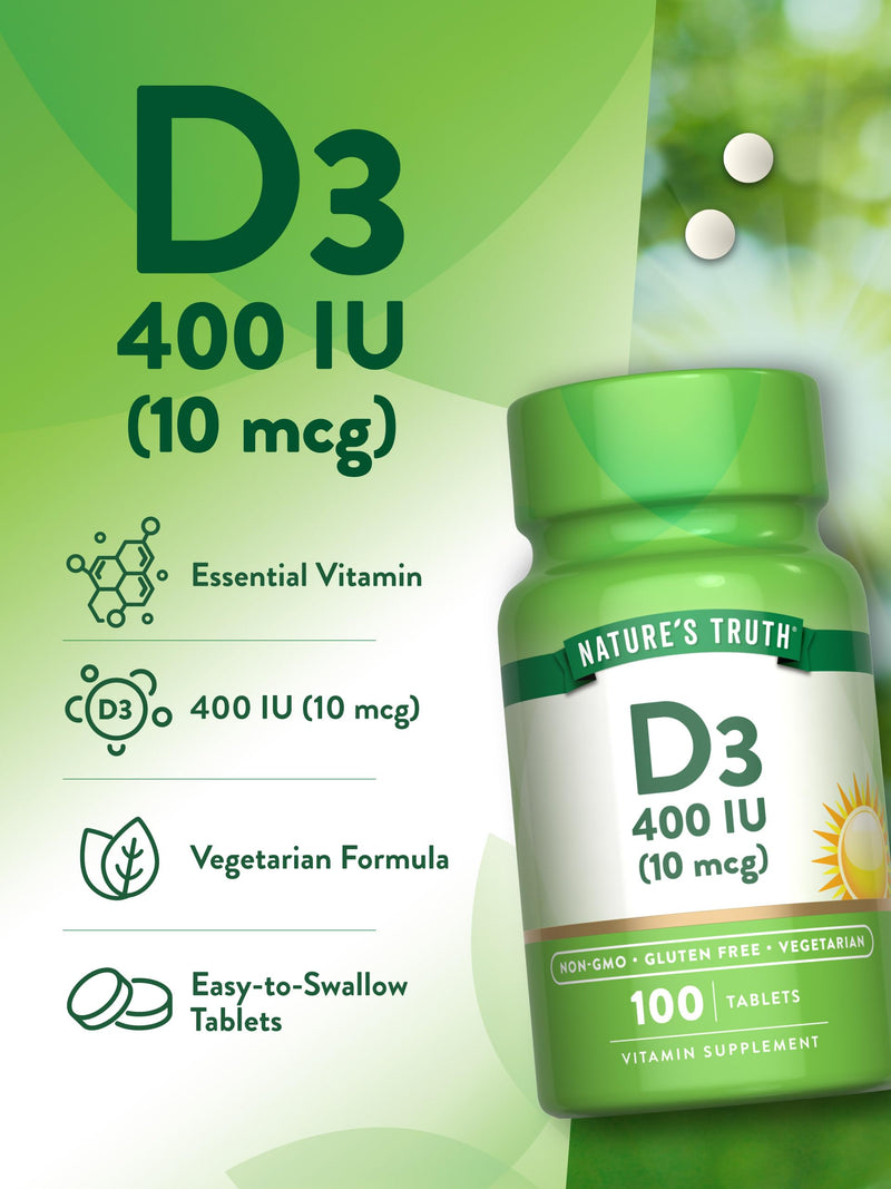 Nature's Truth Vitamin D3 | 400 iu (10 mcg) | 100 Tablets | Vegetarian, Non-GMO & Gluten Free Supplement