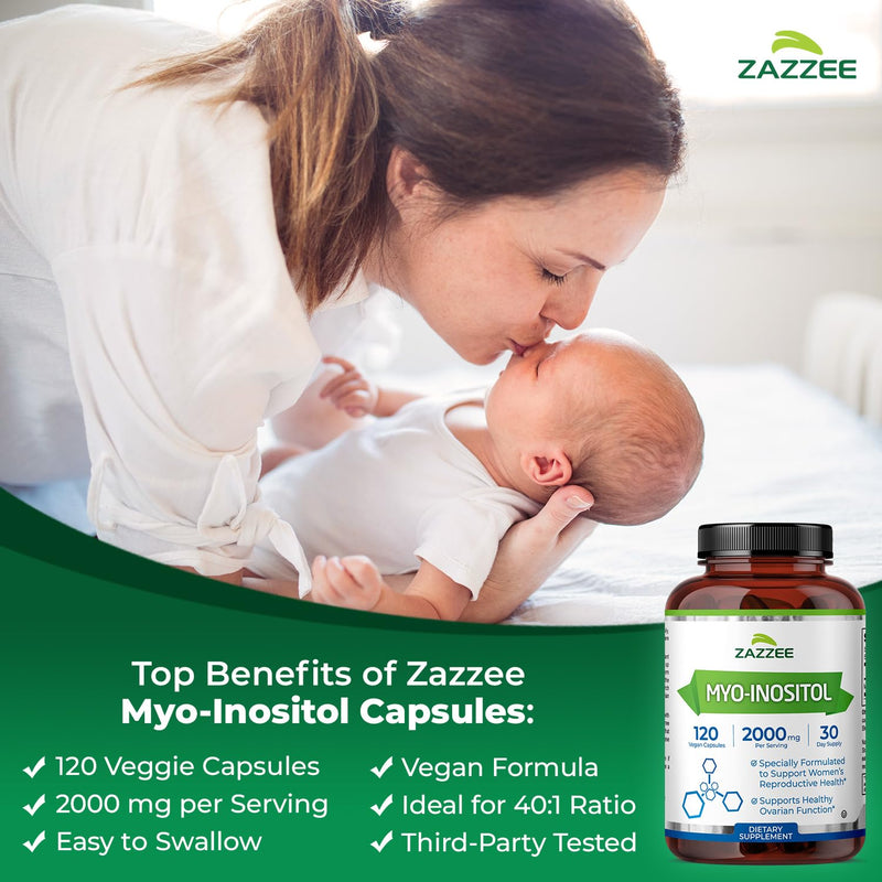 Zazzee Myo-Inositol Capsules, 2000 mg per Serving, 120 Vegan Capsules | Ideal Dosage for 40:1 Ratio, Certified Kosher, Hormone Balance & Healthy Ovarian Function Support, Non-GMO, Made in the USA 120 Count (Pack of 1)
