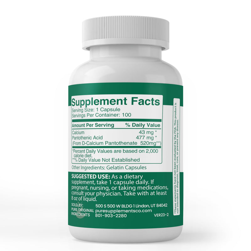 PURE ORIGINAL INGREDIENTS Pantothenic Acid (100 Capsules) Pure, Vitamin B5, Calcium Supplement 1 Count (Pack of 100)