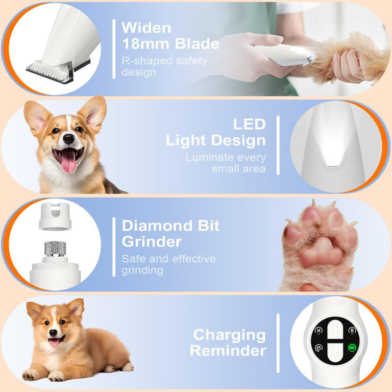 Dog Paw Trimmer with LED Light, Upgraded 2 in 1 Dog Grooming Kit, Cordless Dog Nail Trimmers Grinder with 3 Ports for Small Medium Large Dogs, Pet Micro Precision Electric Trimmer for Paws Eyes Ears - BeesActive Australia