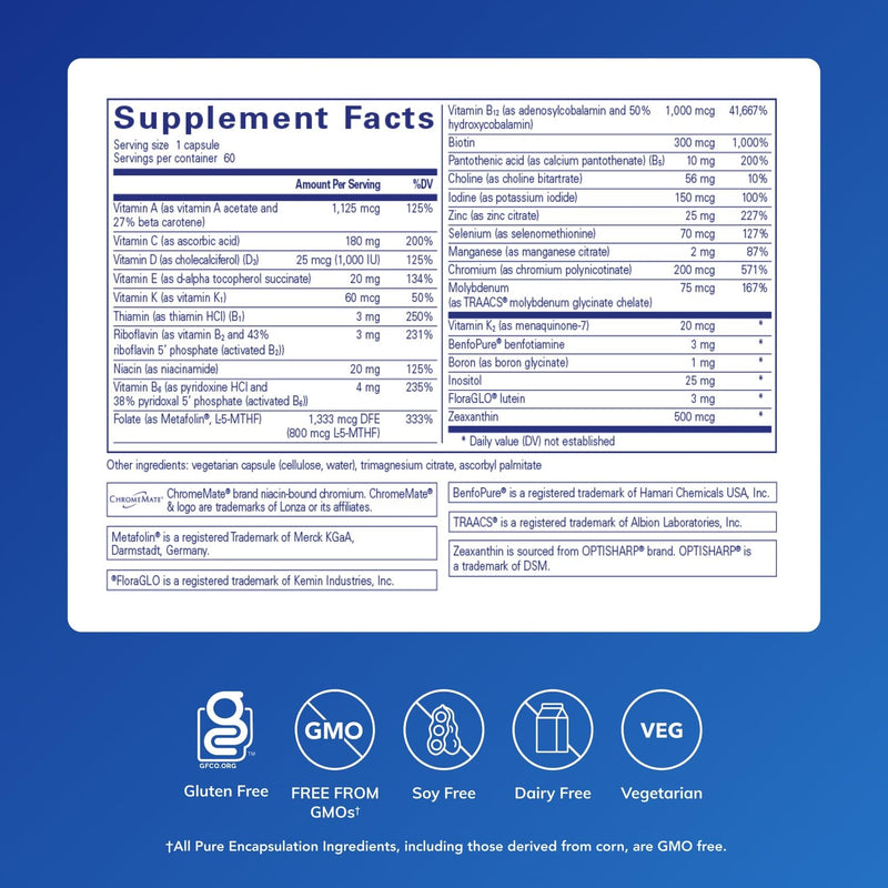 Pure Encapsulations PureGenomics Multivitamin, 60 Capsules | Supplement to Support Nutrient Requirements of Common Genetic Variations*, with Vitamin A,B,C,D,E, K and Minerals 60 Count (Pack of 1)