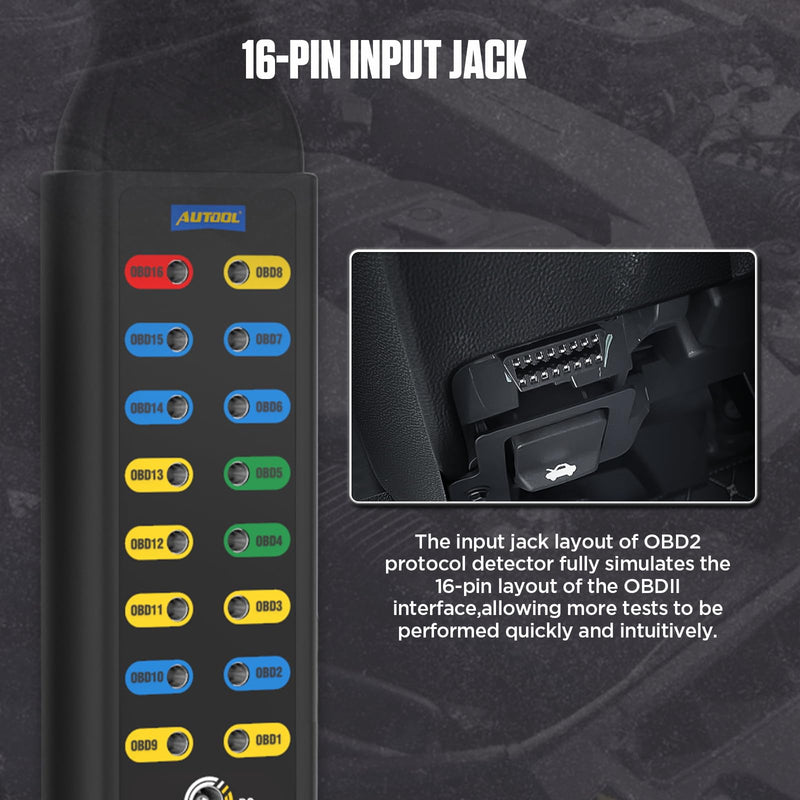 AUTOOL OBD II Protocol Detector Breakout Box – 16-Pin Diagnostic Tool with Ground, Power & Protocol Circuit Detection with Jumper and Clips 1008