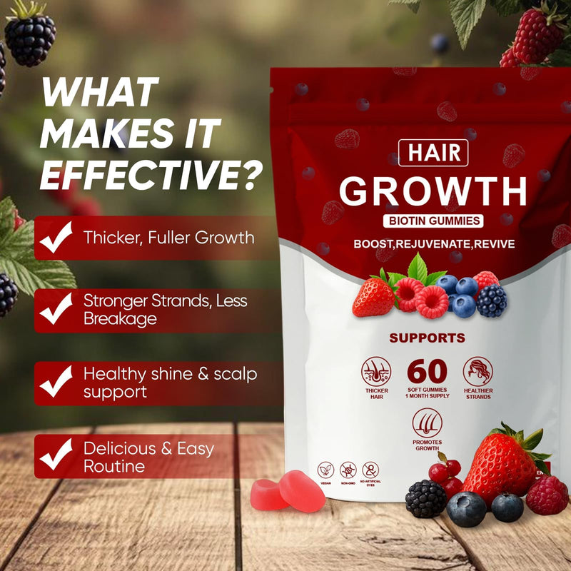Hair Growth Vitamins Gummies for Black Women, Hair Growth & Strength, Promote Hair Strength & Growth with Biotin Collagen & Botanical Extracts, Delicious Berry Flavor, 60 Count