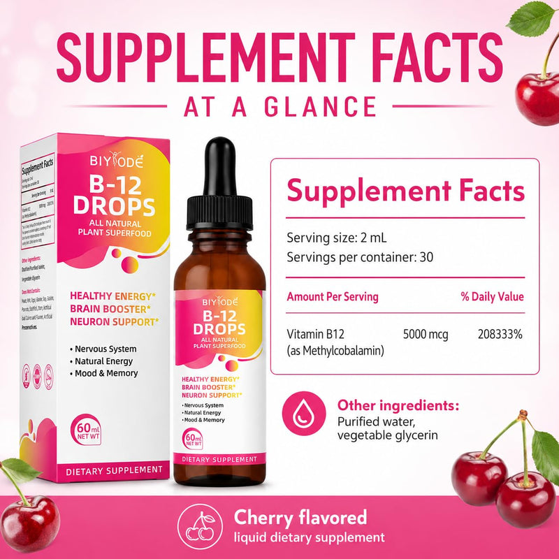 Vitamin B12 5000 mcg Liquid Drops All Natural Plant Superfood Healthy Energy Brain Booster Neuron Support Nervous System Natural Energy Mood Memory 60ml Net Wt Cherry Flavor