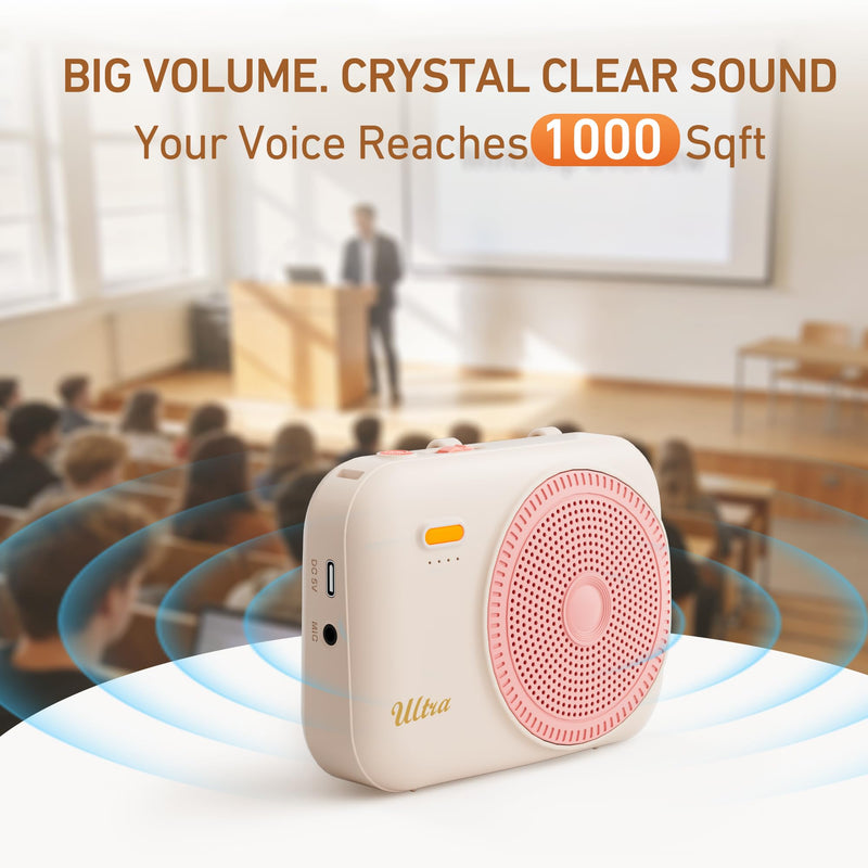 Teacher Voice Amplifier with 2 Wireless Mic & Magnetic Lavalier, Portable Voice Amplifier Personal Classroom Amplifier-Noise Canceling, 30H Working, Mini Pa System for Teaching Tour Guide Yoga (Pink) Pink