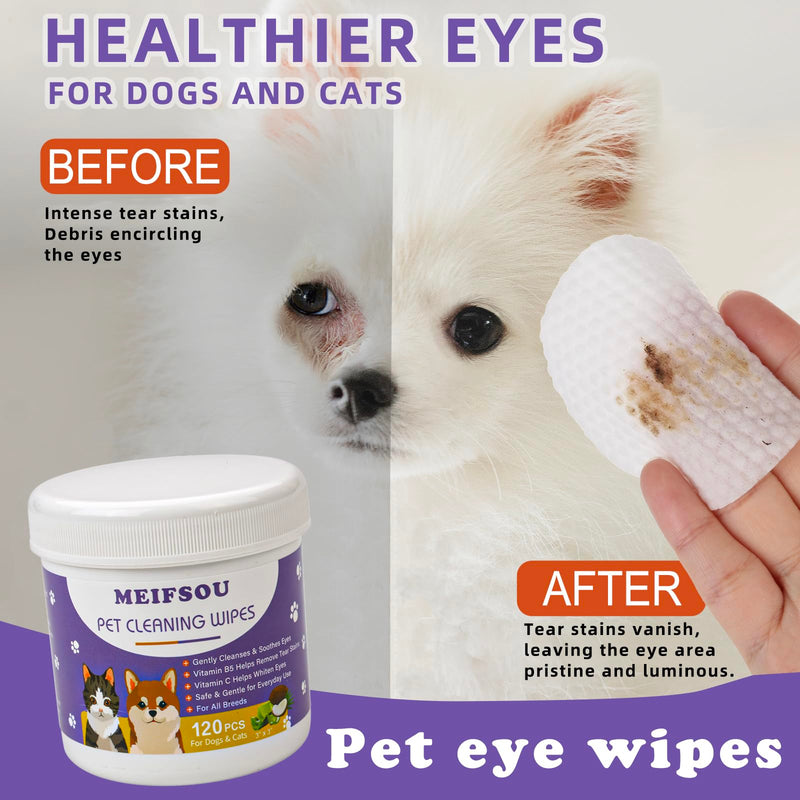 Eyes Wipes for Dogs & Cats - Gently Remove Tear Stain, Eye Debris, Discharge, Mucus Secretions - Coconut Oil Pet Cleaning Grooming Deodorizing Wipes for Eyes, Wrinkle, Face - 120pcs - BeesActive Australia