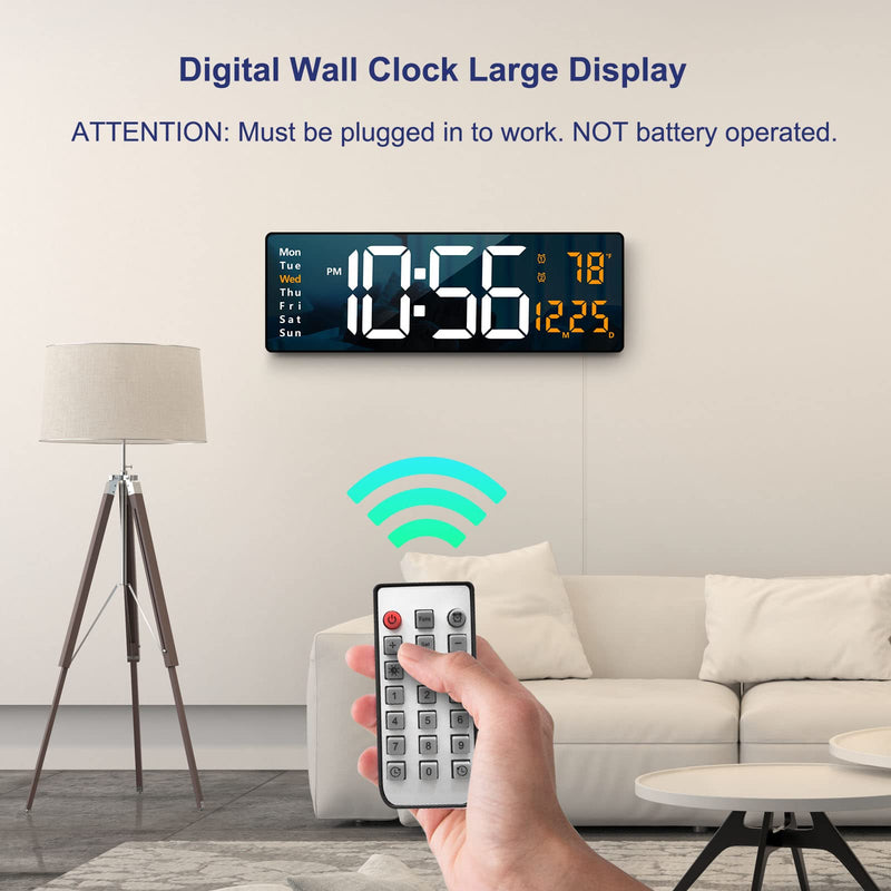 Digital Wall Clock Large Display, 16.2 Inch , LED Digital Clock with Remote Control for Living Room Decor, Automatic Brightness Dimmer with Date Week Temperature (Orange) Orange