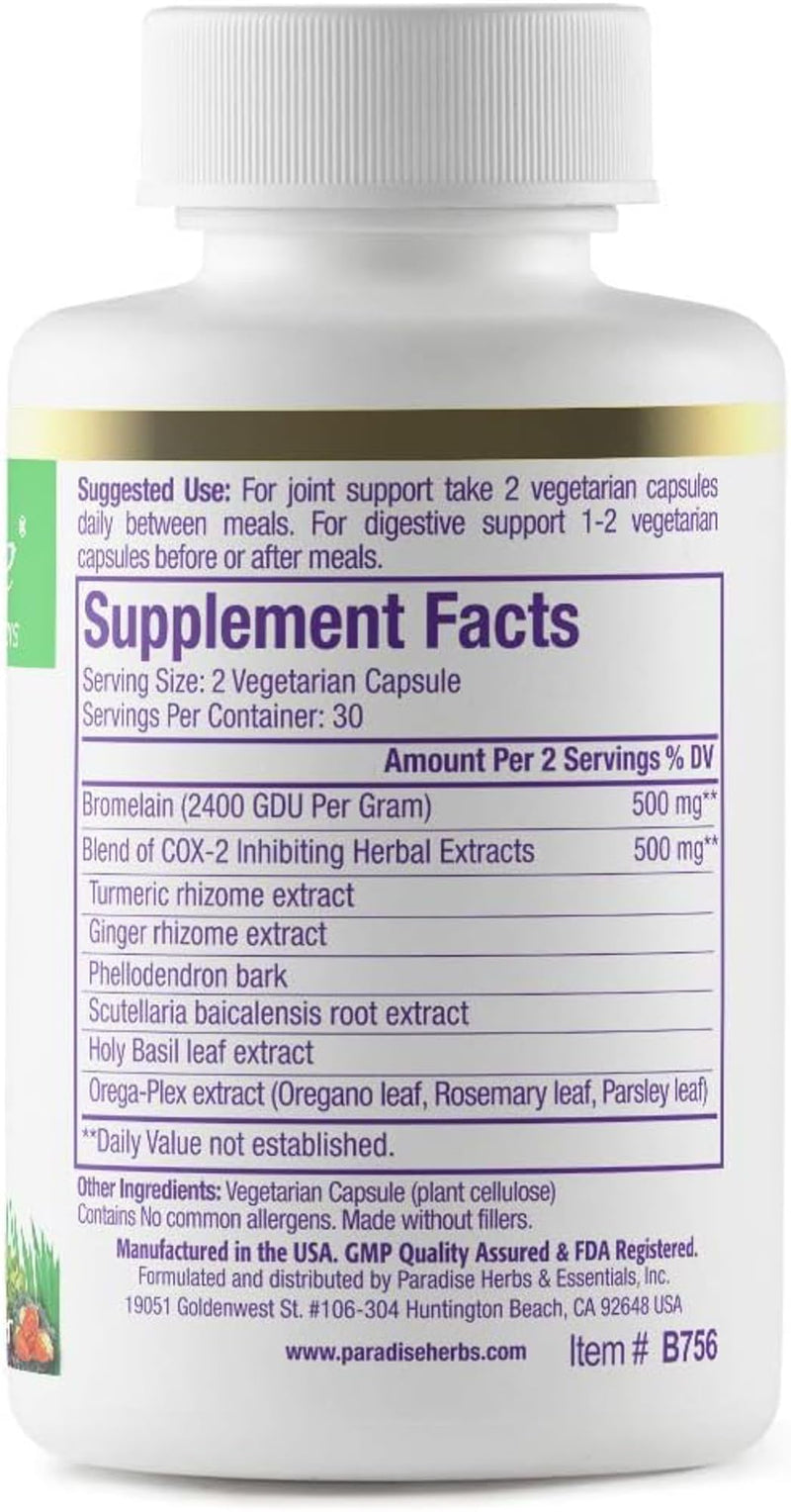 Paradise Herbs & Essentials Brom-E-Mend with Turmeric, 60 Capsules | Bromelain and ginger formula in a vegan dietary supplement, non-GMO and gluten free, with vegetarian serving format 60 Count (Pack of 1)