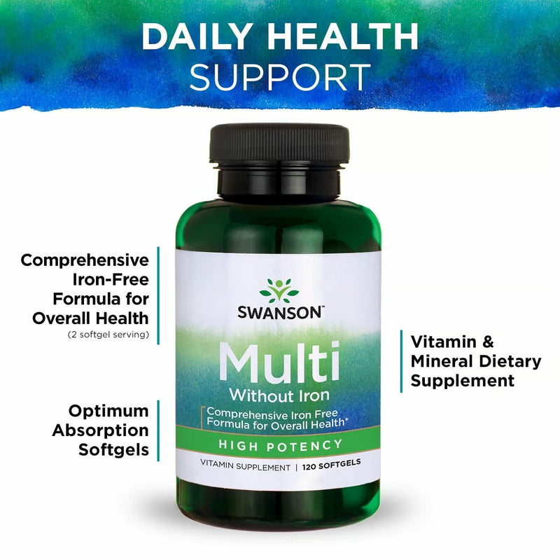 Swanson Multi Without Iron Daily Multivitamin for Adults Who Do Not Need Additional Iron - Complete Mineral and Vitamin Formula (120 Softgels, 2 Pack)