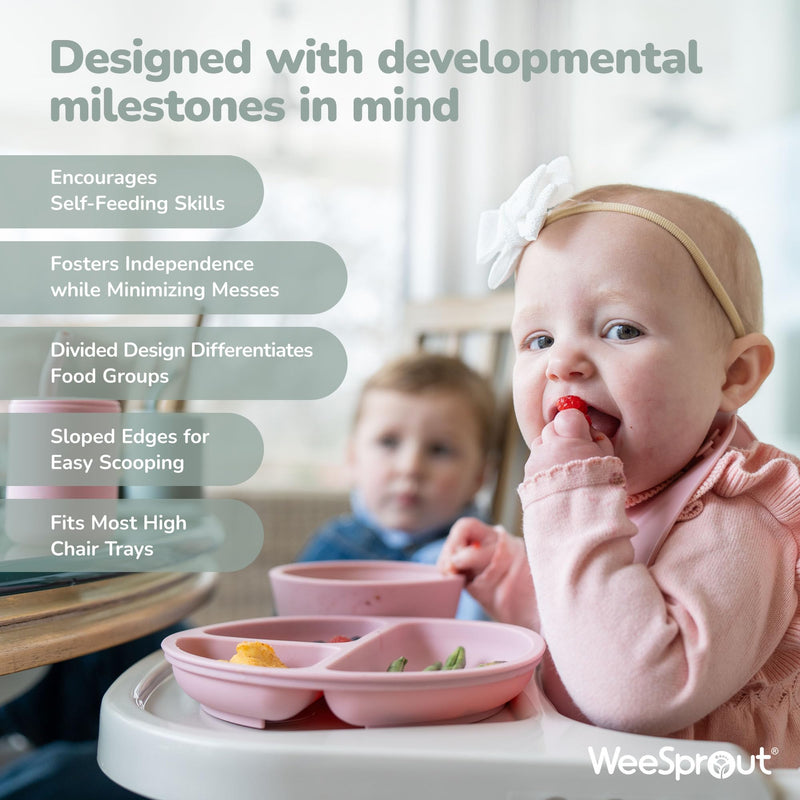 WeeSprout Suction Plates with Lids for Babies & Toddlers - 100% Silicone, Dinnerware Stays Put, Divided Design for Picky Eaters, Microwave & Dishwasher Friendly, 3 Pack Matte Dark Grey, Blue & Green - BeesActive Australia