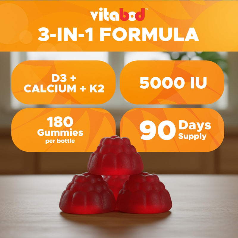 Vitabod Vitamin D3 + K2 Gummies – Bone & Heart Health Support – 180 Pectin-Based Vegan Gummies