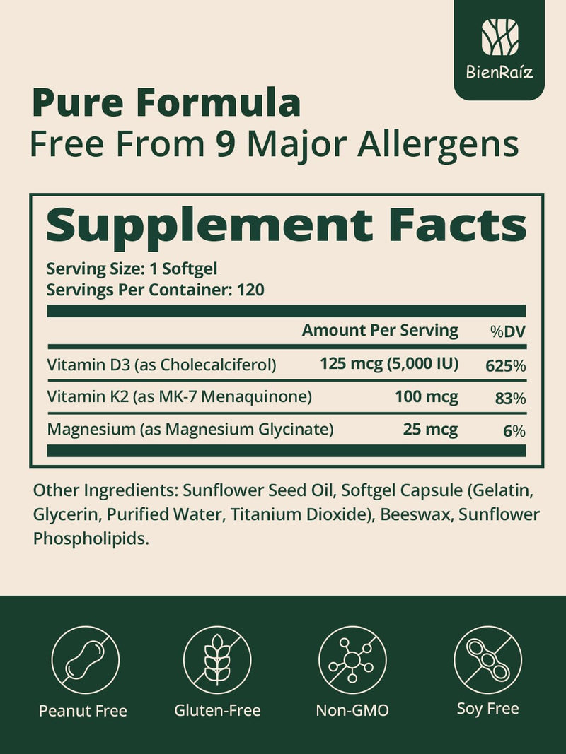 Vitamin D3 K2 5000IU 100mcg MK7, 120 Easy to Swallow Softgels | K2 D3 Vitamin Supplement with Magnesium Glycinate to Support Bone & Heart health, Calcium Absorption, Non-GMO, Gluten Free