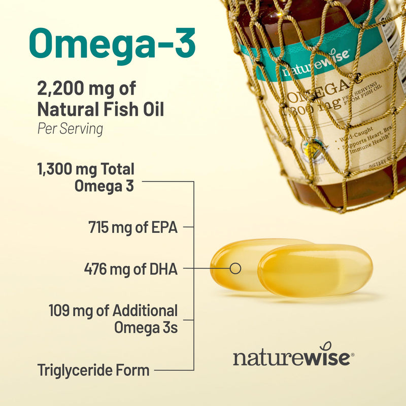 NatureWise Ultra Omega 3 Fish Oil 2200 mg – 1300 mg Omega-3 - Triglyceride Form - Lemon Flavor - Wild-Caught Fish Oil + EPA & DHA - Burpless, Non-GMO - 120 Softgels[2-Month Supply] 120 Count (Pack of 1)
