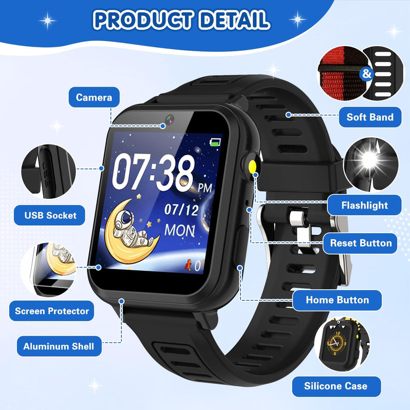 MOFGDNI Smart Watch for Kids with 39 Games Touchscreen Camera Video, Music Player, Pedometer, Calculator, Calendar, Stopwatch, Flashlight, Alarm Clock 12/24 hr, Birthday Gifts Toys for Boys Ages 3-12 Black - BeesActive Australia