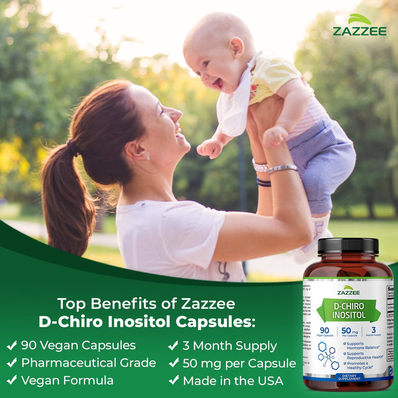 Zazzee D-Chiro-Inositol, 50 mg per Capsule, 90 Vegan Capsules | Ideal Dosage for 40:1 Ratio with Myo-Inositol, 3 Month Supply, 100% Vegetarian, Non-GMO, Made in the USA
