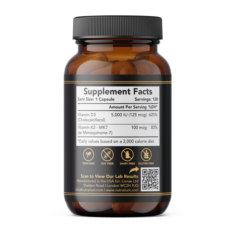 Vitamin D3 K2 Supplement 5000 IU 100 mcg MK7 – High Potency D3+K2 Capsules for Artery Health, Heart Support & Strong Bones Non-GMO Third-Party Tested d3+k2 Vitamin Supplement Artery Armor -120 Count