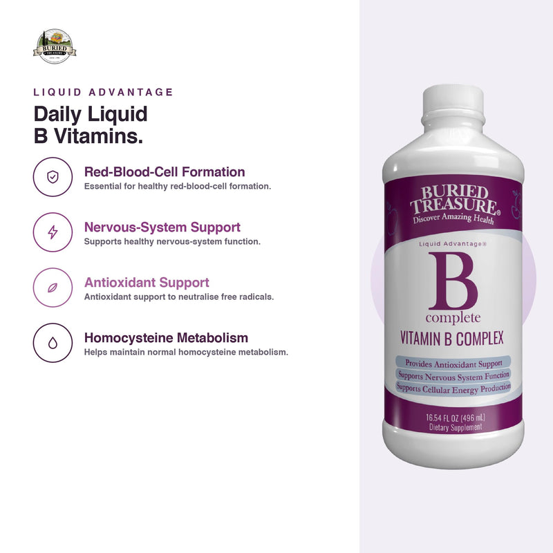 Buried Treasure B Complete - Liquid Vitamin B Complex with MethylCobalamin B12 & MethylFolate B9, Biotin, B1, B2,B3, B5, B6, Liquid & Sugar-Free, Women & Men, Dose Cup for Measuring 16 Fl Oz (Pack of 1)
