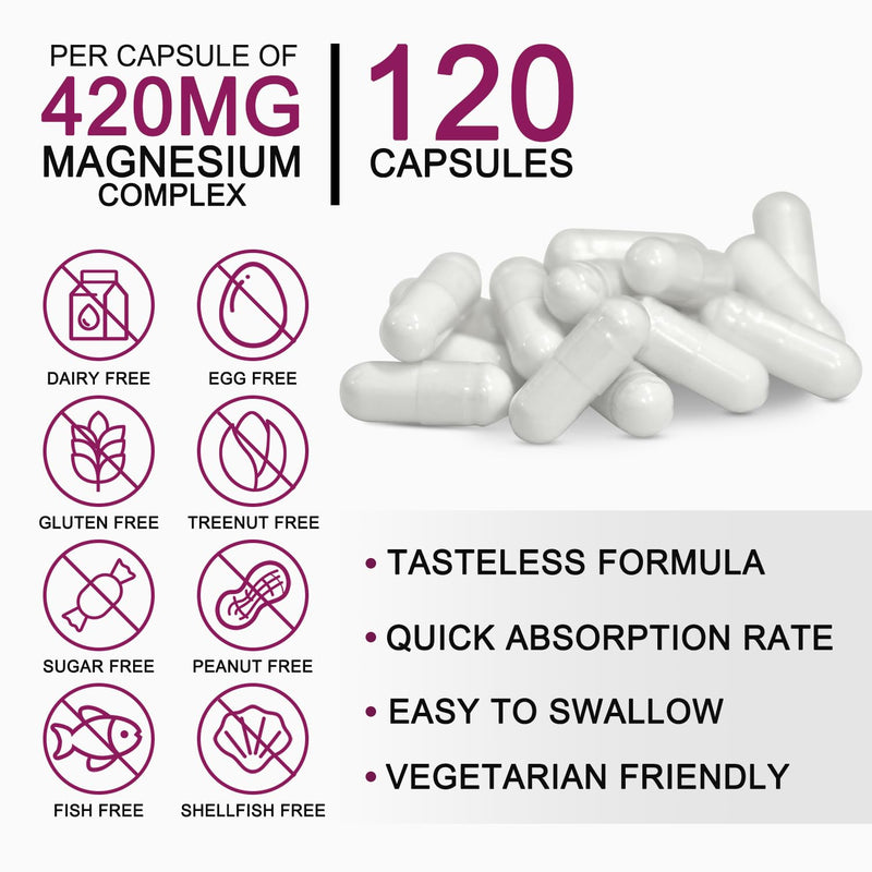Magnesium Glycinate Complex 420mg with Vitamin B6 – High Absorption Magnesium for Sleep, Muscle & Nerve Support – Made in USA | Eurofins 3rd-Party Tested – Vegan, Non-GMO – 120 Capsules