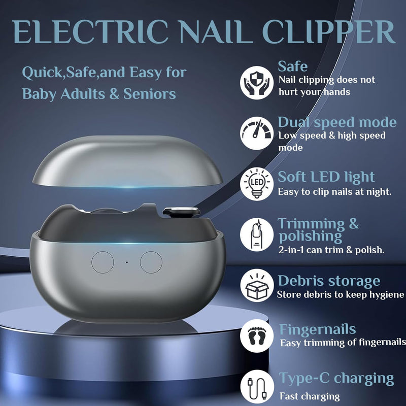 Electric Nail Clippers for Seniors, 2026 3 in 1 Easy Clip Electric Nail Clipper Multifunctional Electric Easy Clip Nail Clippers for Adults，Kids with Polishing and 2 Speeds (Grey) Grey - BeesActive Australia