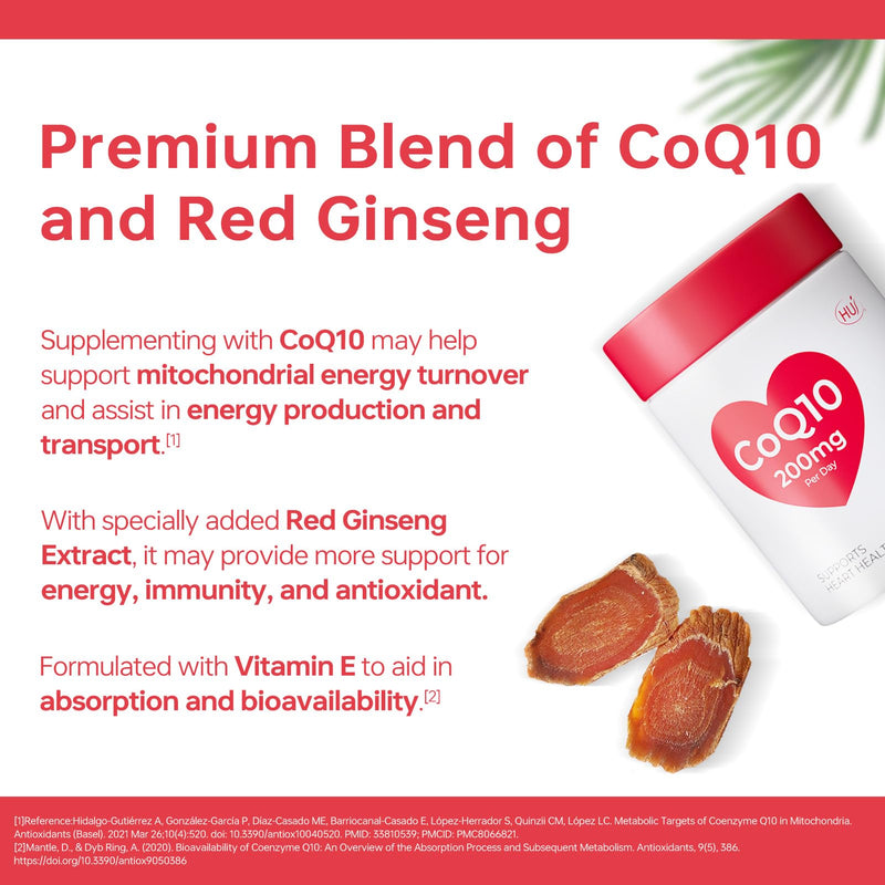 HUJ CoQ10 with Red Ginseng Formula - Heart Health & Energy Production Support with Coenzyme Q10, Red Ginseng Extract, Vitamin E & PQQ - 60 Softgels