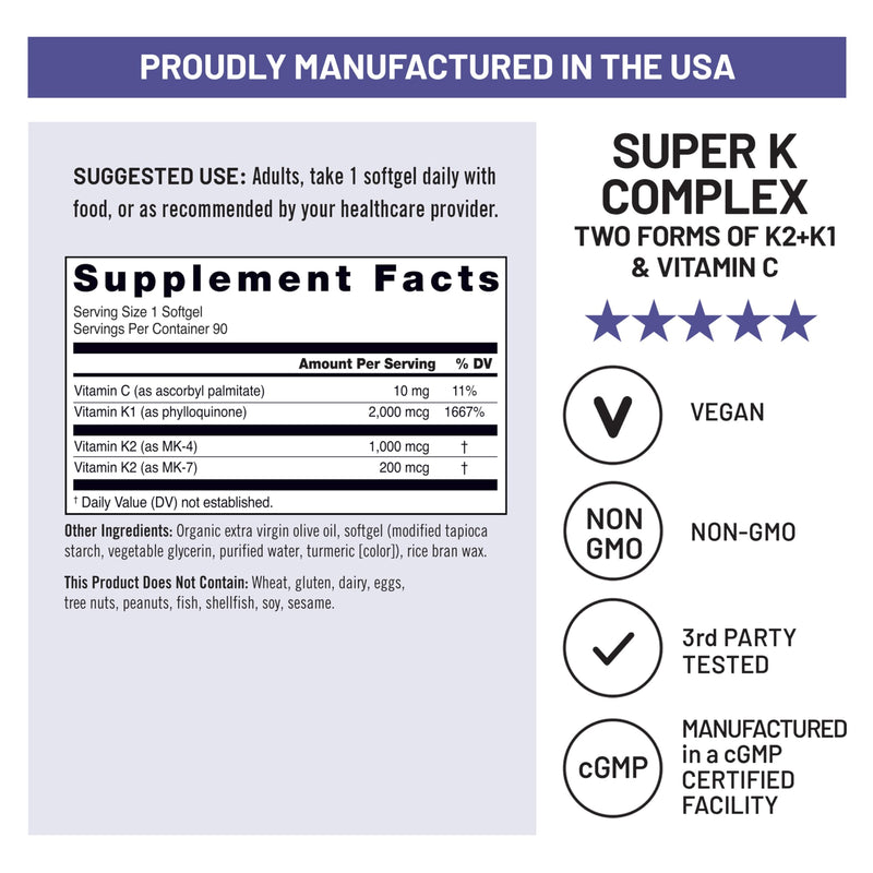 NatureWise Super K Complex - Vitamin K2 + K1 + C - Vegan K2 Vitamin Supplement for Heart + Bone Health Support - Non-GMO, Gluten Free, USA Manufactured - 90 Softgels[90 Day Supply]
