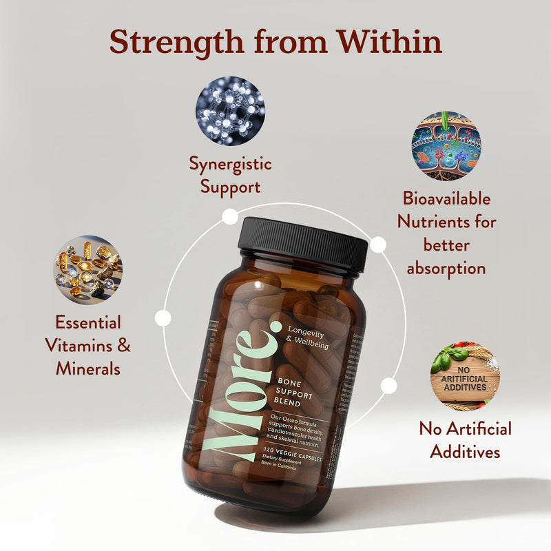 More. Longevity & Wellbeing Premium Calcium Supplement - Bone Strength Supplements with Magnesium, Vitamin D3 + K2 & Zinc for Bone Health Support - 4 Capsule Daily - Easy to Swallow - 120 Capsules