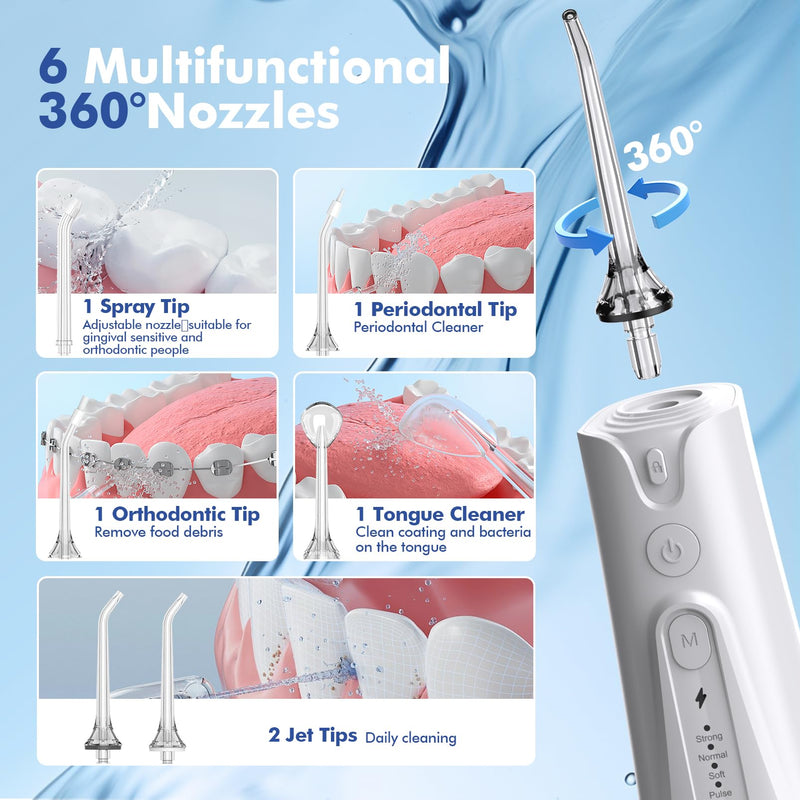 Bezvoi Water Flosser Teeth Pick: 5 Modes Cordless Water Dental Floss 300ML Portable Rechargeable IPX7 Waterproof Electric Water Flossing Cleaning Picks with 6 Jet Tips Oral Irrigator Cleaner, White
