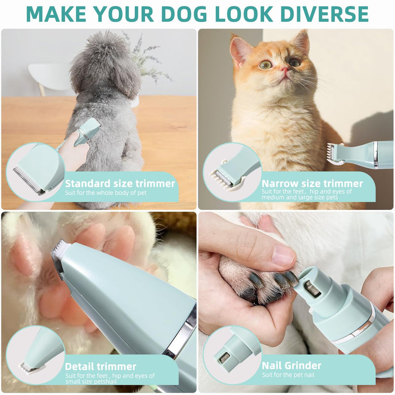 Birshe Clipper Dog Cat 4 in 1 Dog Clipper Professional Clipper Electric Pet Hair Clipper Set Dog Paw Trimmer with 4 Trimmer Heads for Dogs Cats Paws Face Body Green - BeesActive Australia