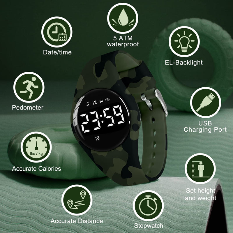 Kids Watches for Girls Boys Digital Sport Watch with Step Counter Pedometer Vibration Alarm Clock, No App Waterproof Fitness Tracker Kids Watch Boys Girls Teens Students Ages 5-16 103-F-Army - BeesActive Australia