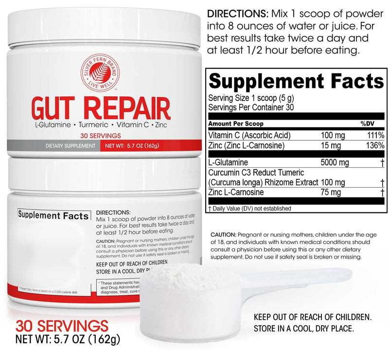 Silver Fern Gut Repair - Digestive Health Supplement Powder | L-Glutamine, Curcumin, Zinc & Ascorbic Acid (2 Tubs - 60 Servings) 5.7 Ounce (Pack of 2)