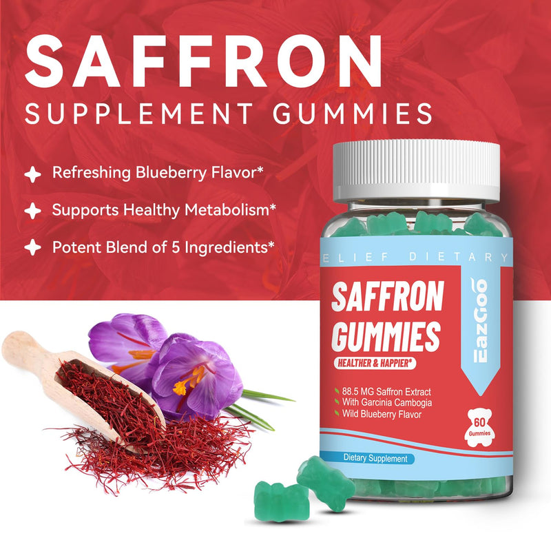 Saffron Supplements Gummies, Saffron Extract, Vegan - 60 Gummies | for Positive Mood & Calm Nerve, Boost Energy, with Garcinia Cambogia, Vitamin A, B12, Rhodiola Rosea 60 Count (Pack of 1)