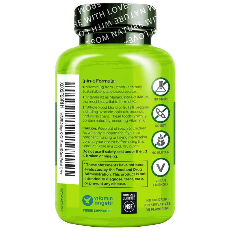 NATURELO Vitamin D3 K2 - Vegan K2+D3 with Plant Based D3 from Lichen - Natural D3 Supplement for Immune System, Bone Support, Heart Health - Whole Food - Non-GMO - Gluten Free, 60 Capsules (Pack of 2) Unflavored 60 Count (Pack of 2)