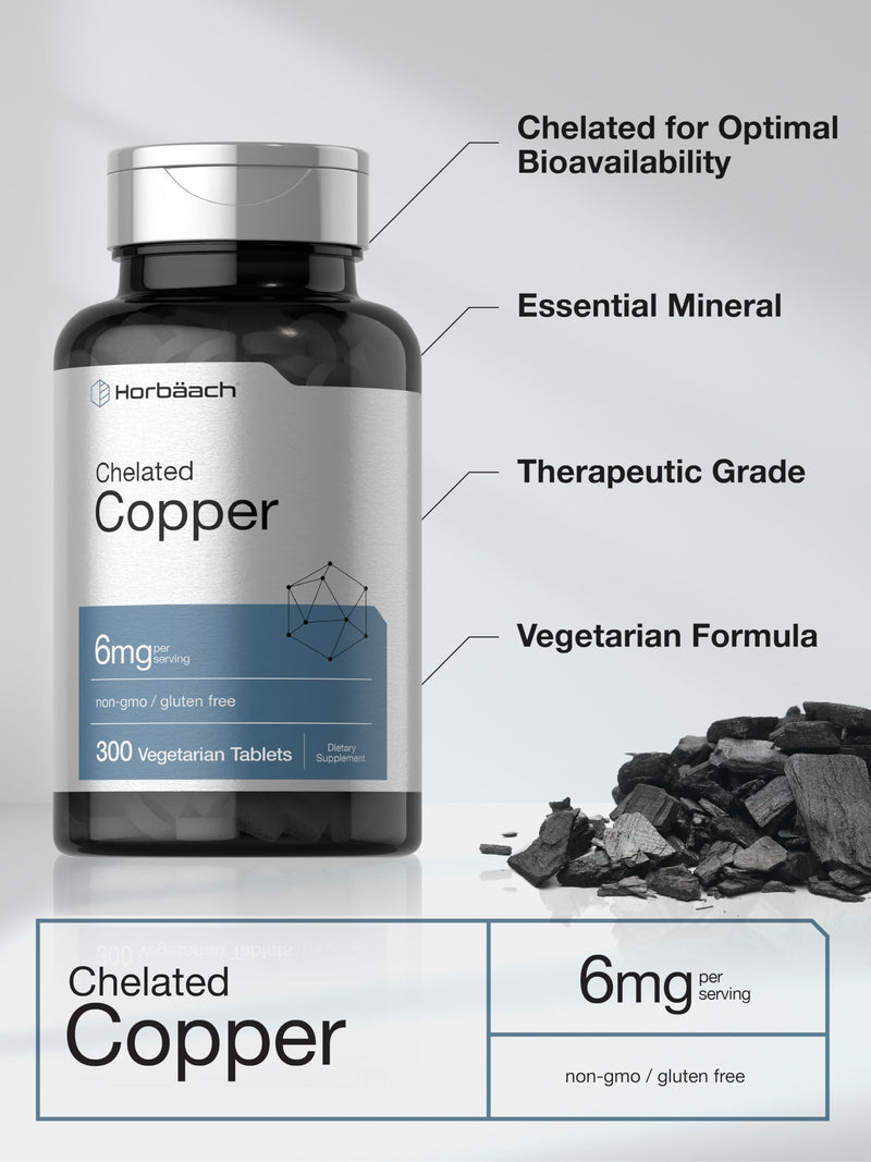 Horbäach Chelated Copper Supplement 6mg | 300 Tablets | Essential Trace Mineral | Vegetarian, Non-GMO, Gluten Free - BeesActive Australia