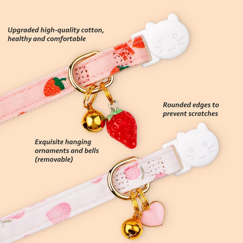 2 Pack Cotton Breakaway Cat Collar,Pink Strawberries and White Heart Shaped Pendant Kitten Collar Cute Cat Collar with Bell,Ideal for Girl Cats Boy Cats Pink&White - BeesActive Australia