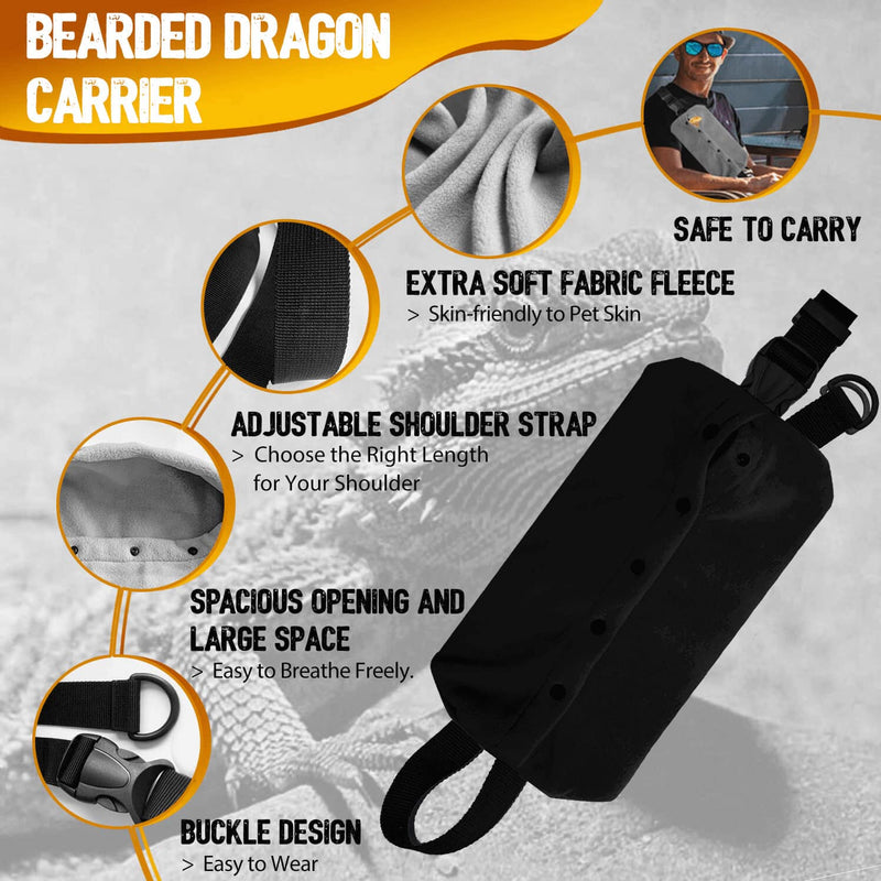 WATFOON Adjustable Lizard Leather Leash Harness and Bearded Dragon Carrier Sling, Reptile Small Pet Training Leashes and Beardie Snuggle Sling Bag for Outdoor Travel (L Black Sling) Leash + L Black Sling (Gift) - BeesActive Australia