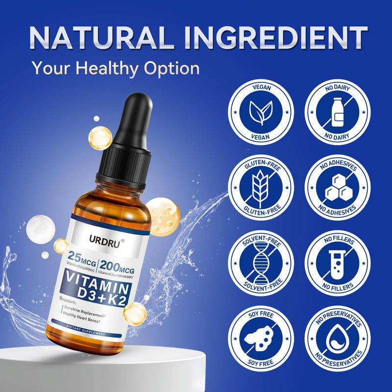 (2 Pack) Vitamin D3 K2 Liquid Drops - 2 Fl Oz Max Absorption 1,000 IU D3 & 200mcg K2 Drops for Immune & Mood, Bone & Teeth Health - 60ml