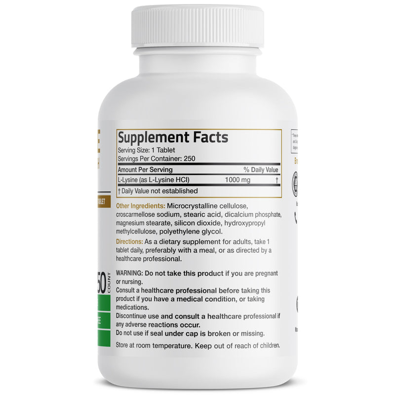 Bronson L-Lysine Extra Strength 1000 mg, 250 Vegetarian Tablets | Immune Support, L-Lysine HCl, Essential Amino Acid, Collagen Synthesis Support, Non-GMO, Gluten-Free & Soy-Free 250 Count (Pack of 1)