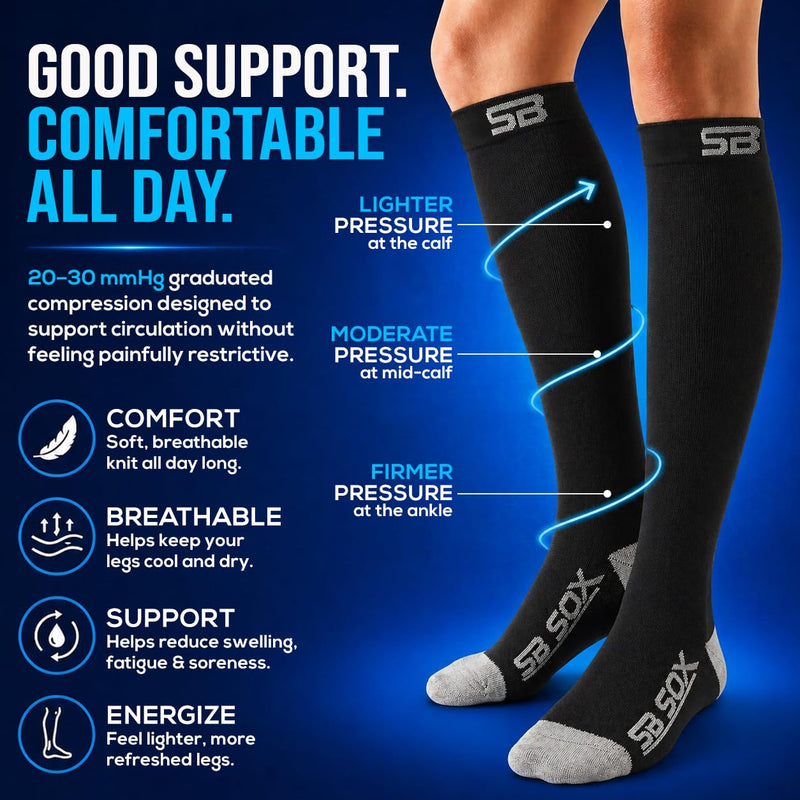 SB SOX Compression Socks for Men & Women (20-30mmHg) Large Black/Gray