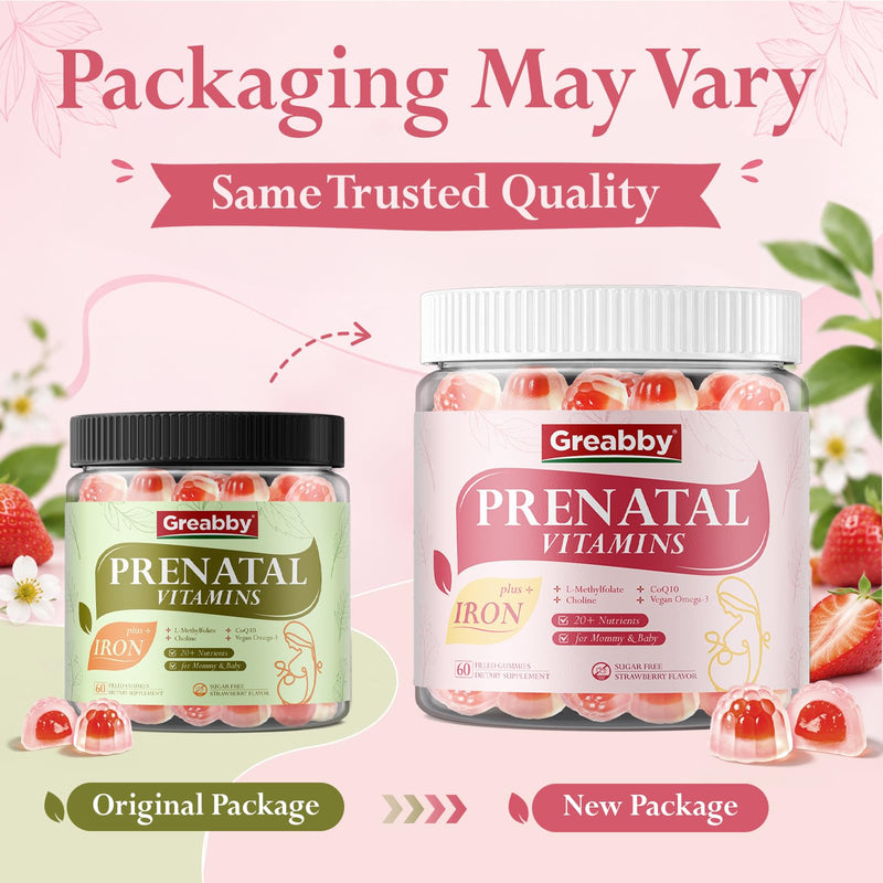 Prenatal Vitamins for Women, Choline Prenatal Gummies with Iron, Omega 3 | Women’s Multivitamin, L-Methylfolate, CoQ10, Prepare / Pregnancy / Postnatal for Mom & Baby, Sugar Free 60 Gummies
