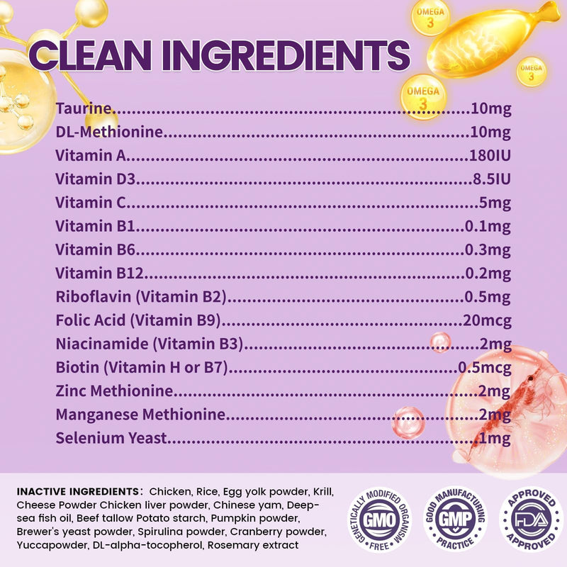 Taurine for Cats Vitamins Treats, 10 in 1 Cat Multivitamin with Fish Oil - 500 Crunchy & Creamy Chews Supports Energy, Bone, Joint, Skin & Coat Health, Digestion, Immunity for Cat All Breeds & Ages